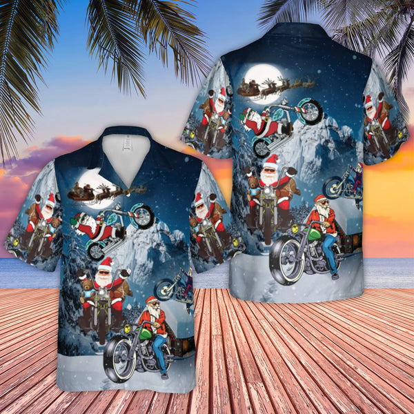 Motorcycle Santa Claus Button Up Shirt, Biker Santa Christmas Hawaiian Shirt, Humorous Holiday Biker Aloha Shirt, Tropical Xm