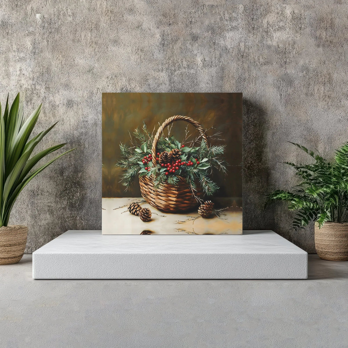 Rustic Holly Berry Canvas Print, Christmas Basket Still Life Canvas Wall Art, Winter Pinecone Painting, Holiday Decor Digital