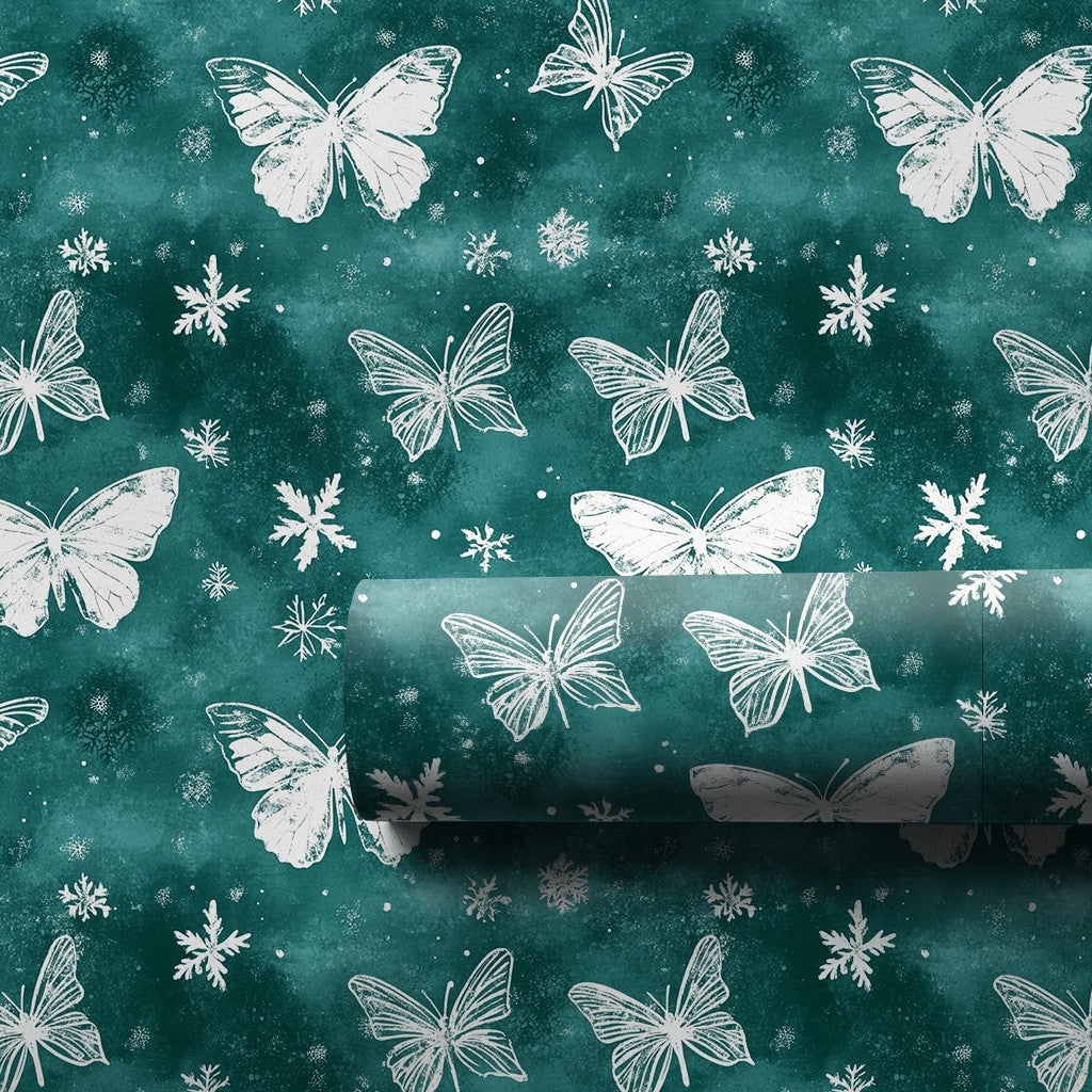 Teal Snowflake Gift Wrap, Winter Butterfly Wrapping Paper, Elegant Nature Holiday Wrapping Paper, Christmas and Birthday Pres