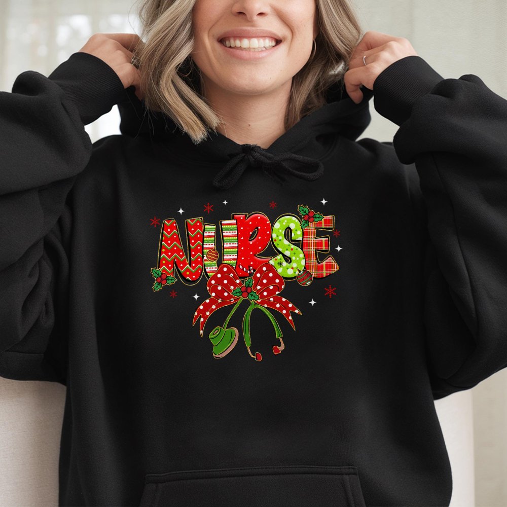 Healthcare Holiday Medical Hoodie, Festive Stethoscope Christmas Nurse Hoodie, Adorable RN Nursing Student Hoodie, Winter Hos