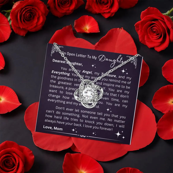 Heartfelt Message Card Necklace, Love Knot Necklace for Daughter, CZ Crystal Knot Pendant, Birthday or Christmas Present for 