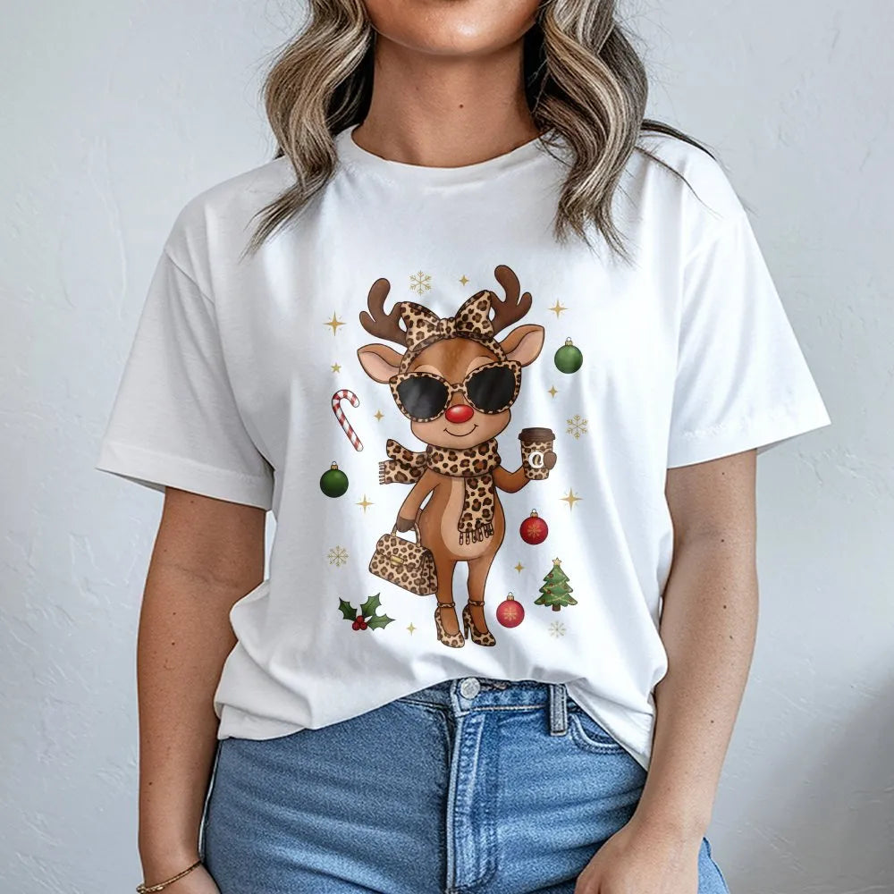 Leopard Print Christmas T-Shirt, Boujee Reindeer T-Shirt, Adorable Holiday Animal Graphic Tee, Retro Winter Reindeer Shirt, W