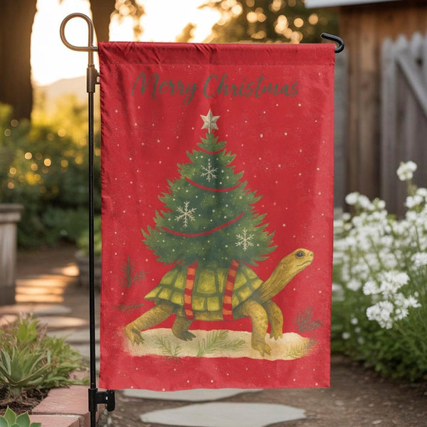 Humorous Animal Yard Flag, Turtle Christmas Tree Garden Flag, Festive Holiday Lawn Flag, Adorable Outdoor Flag Decor, Winter 