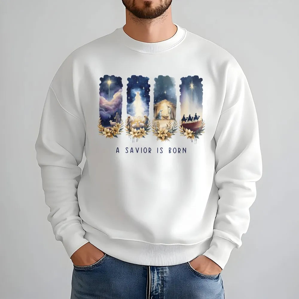 Watercolor Nativity Scene Sweater, A Savior Is Born Nativity Sweatshirt, Christian Christmas Crewneck Pullover, Faith Holiday
