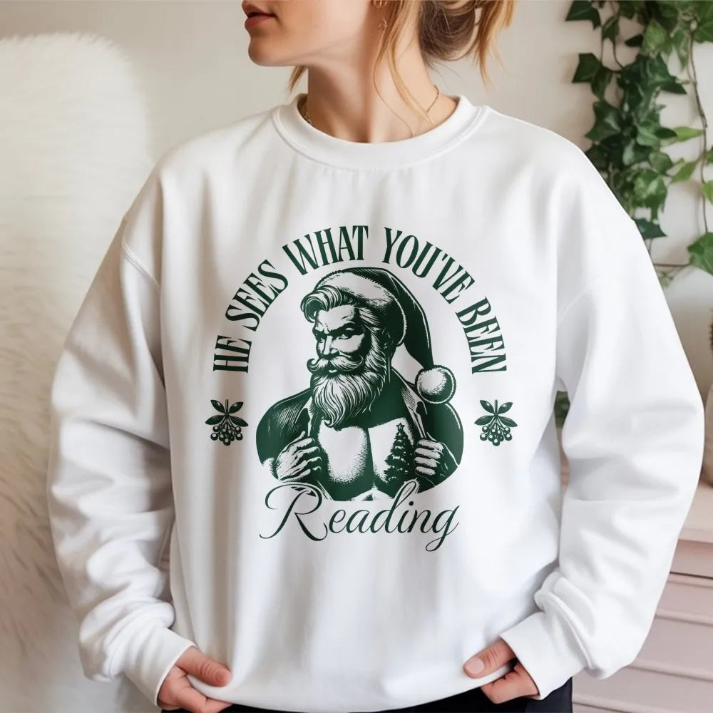 Santa Book Lover Sweatshirt, He Sees What You've Been Reading Sweatshirt, Bookish Christmas Crewneck, Librarian Sweatshirt, R