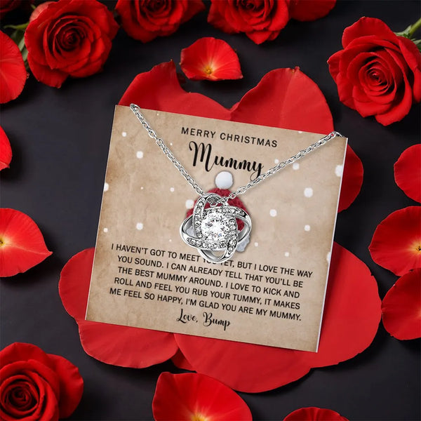 First Mothers Day Knot Necklace, Mummy from Bump Love Knot Necklace, CZ Crystal Love Knot Pendant, Mom to Be Jewelry, Christm