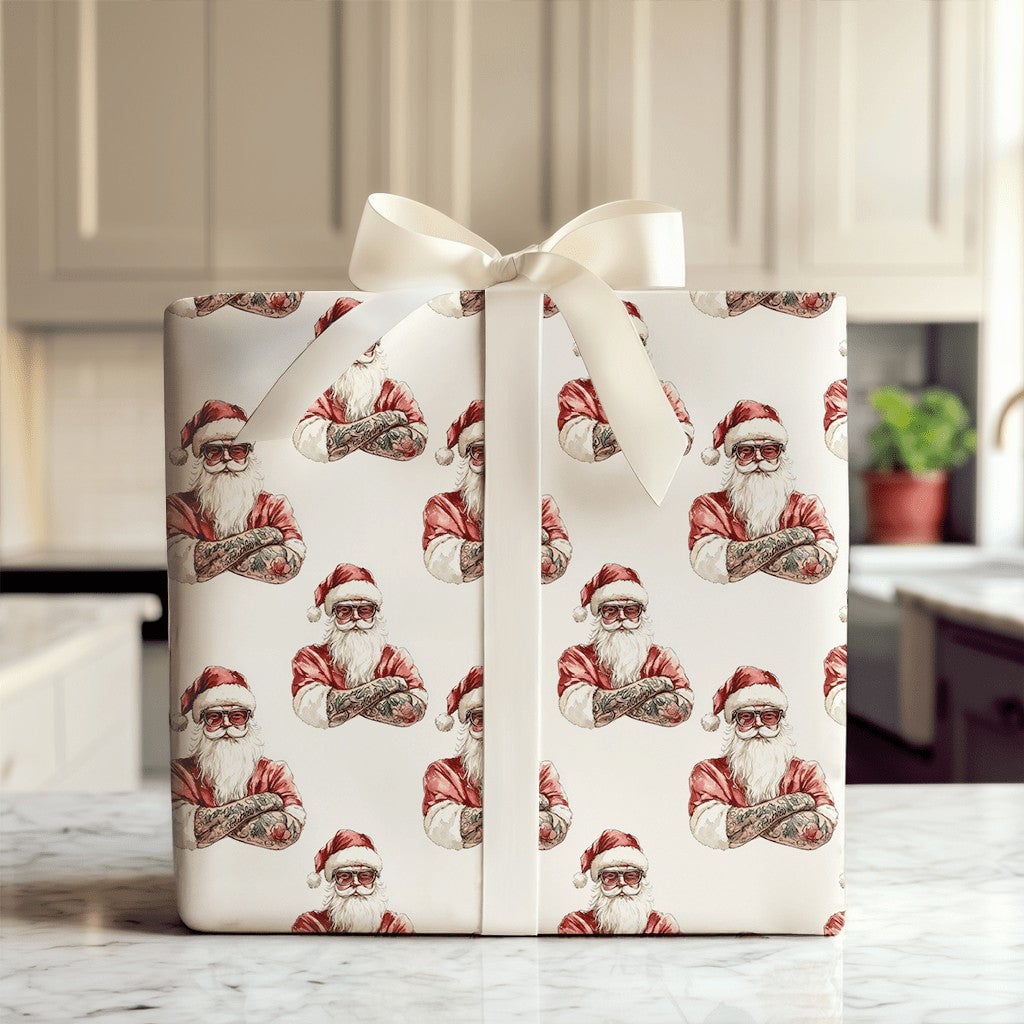 Tattooed Santa Christmas Wrapping Paper, Cool Sunglasses Santa Wrapping Paper, Edgy Holiday Gift Wrap, Fun Xmas Gift Wrapping