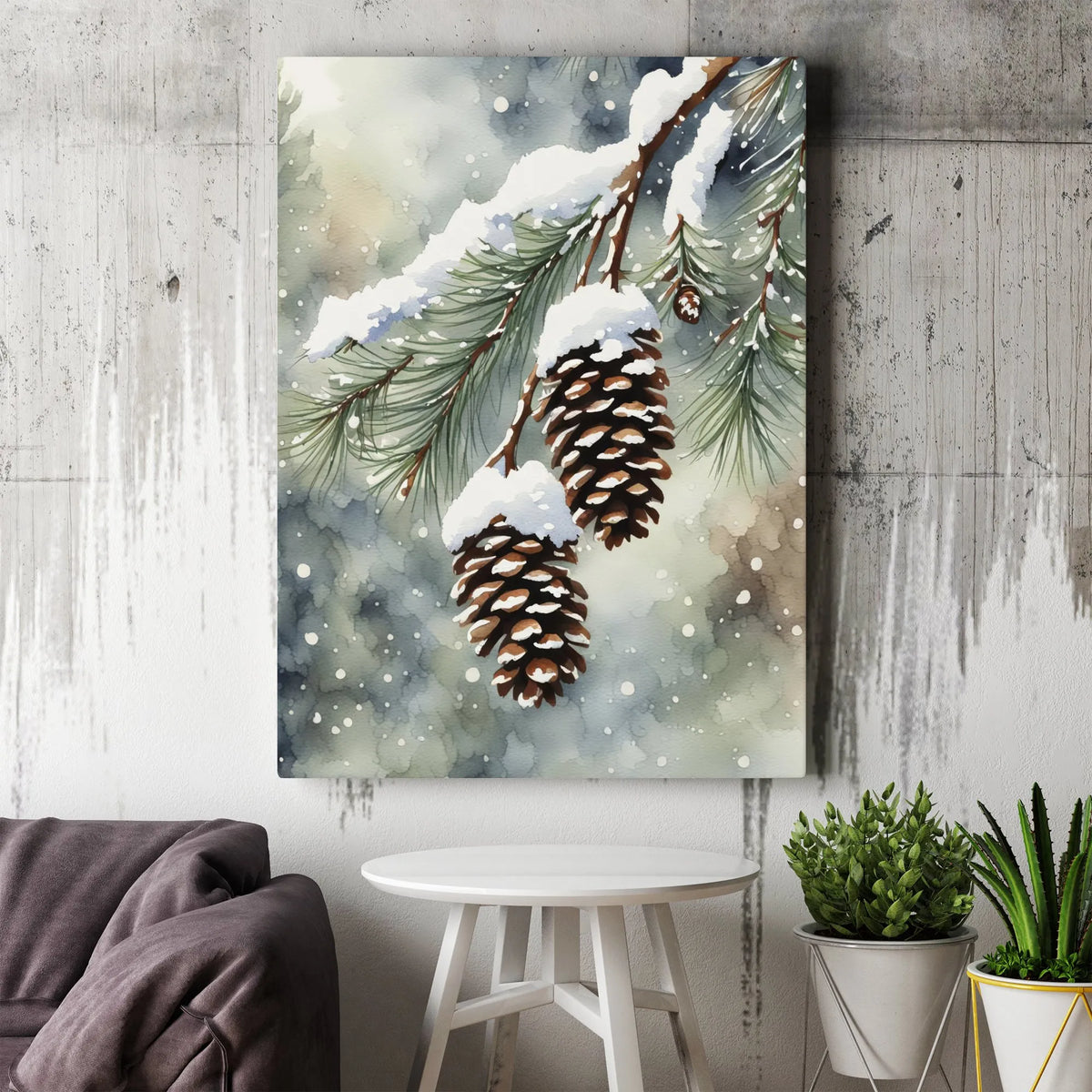 Winter Forest Watercolor Canvas, Snowy Pine Cones Canvas Print, Rustic Pine Cone Canvas Art, Christmas Pinecone Print, Holida