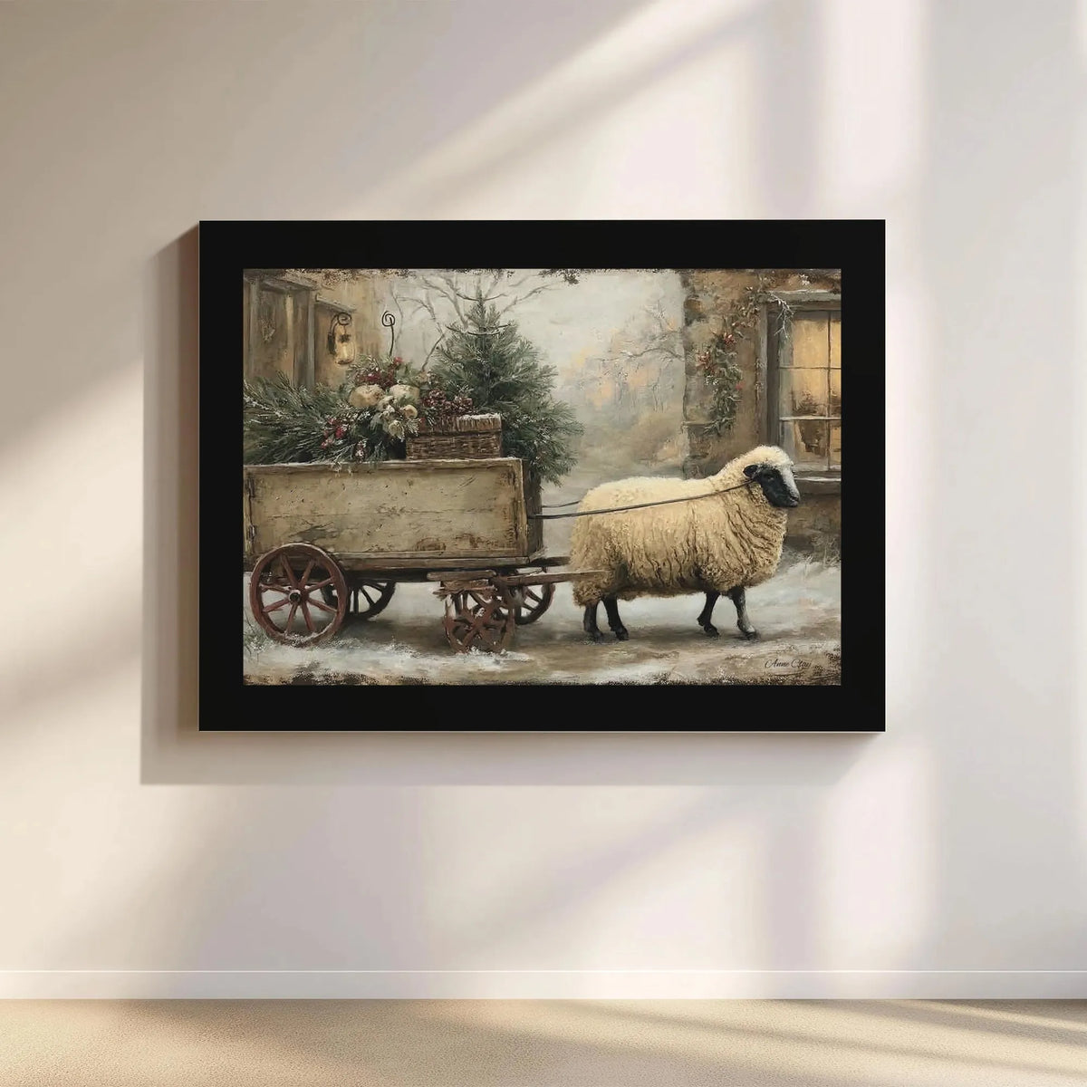 Sheep Winter Cart Canvas Print, Farmhouse Christmas Canvas Wall Art, Rustic Holiday Farm Canvas Painting, Comfy Seasonal Home