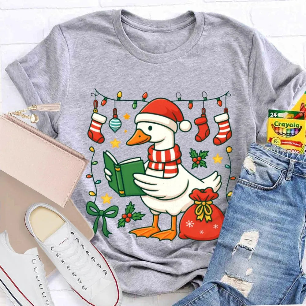 Humorous Holiday Bookworm Goose Shirt, Christmas Goose Reading Book T-Shirt, Adorable Winter Reading Tee, Book Lover Christma
