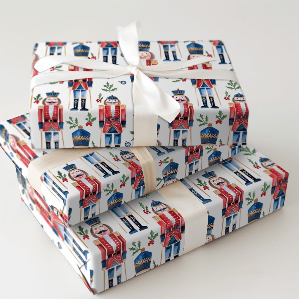 Watercolor Christmas Gift Wrap Roll, Nutcracker Wrapping Paper, Holiday Nutcracker Soldier Wrapping Paper, Festive Xmas Gift 