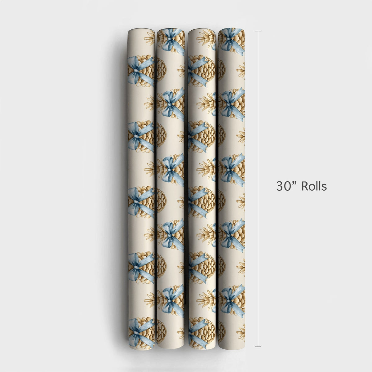 Blue Bow Winter Gift Wrap, Rustic Pinecone Christmas Wrapping Paper, Watercolor Pinecone Wrapping Paper, Elegant Holiday Gift