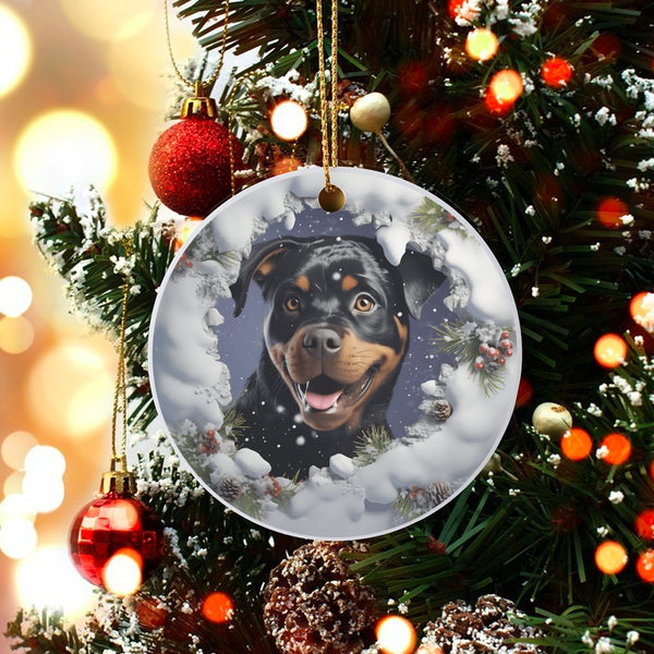 Snowy Winter Dog Ornament, Rottweiler Christmas Ornament, Glossy Ceramic Tree Ornament, Round Dog Lover Keepsake, Festive Hol