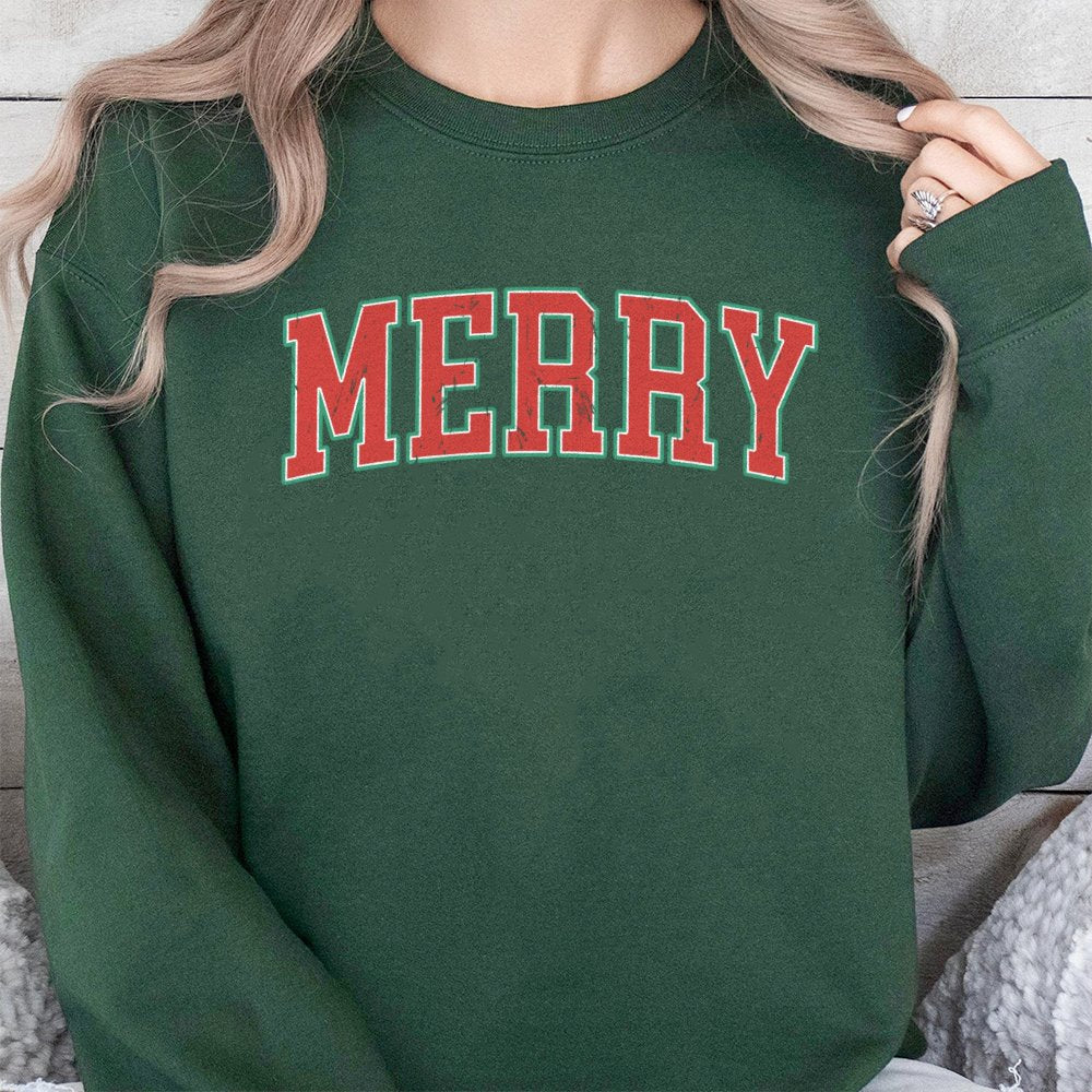 Retro Varsity Lettering Holiday Crewneck, Merry Christmas Sweatshirt, Vintage Christmas Vibes Pullover, Comfy Winter Xmas Swe