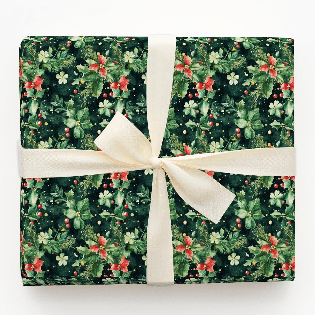 Pine Holly Christmas Gift Wrap, Watercolor Poinsettia Wrapping Paper, Botanical Winter Wrapping Paper, Traditional Holiday Wr