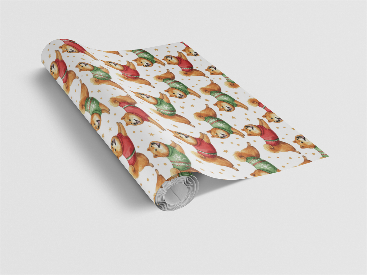 Running Dog Sweater Christmas Gift Wrap, Watercolor Shiba Inu Wrapping Paper, Puppy Holiday Wrapping Paper, Adorable Dog Love
