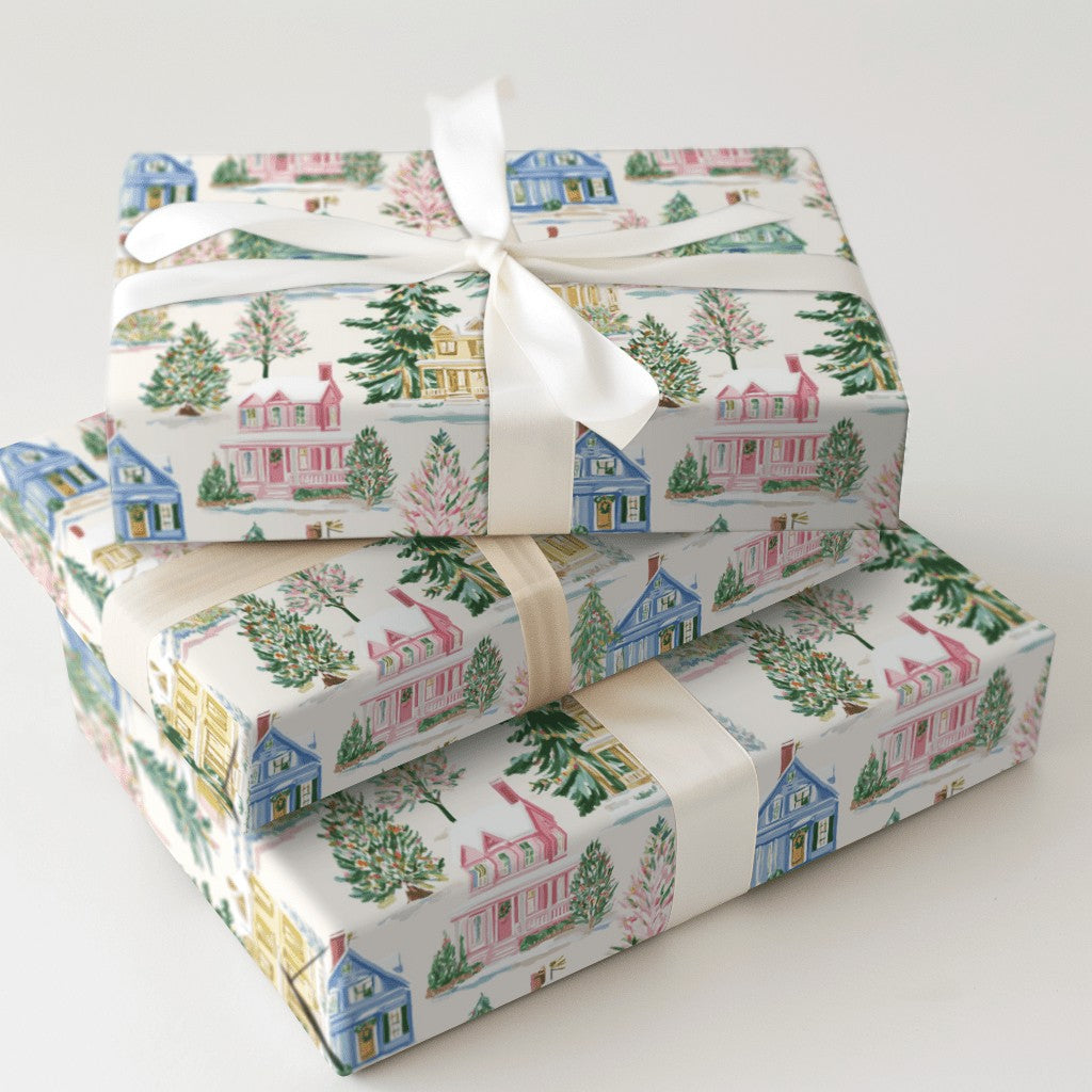 Winter Village Holiday Gift Wrap, Watercolor Christmas Wrapping Paper, Festive Xmas Gift Wrap Paper, Seasonal Present Wrappin