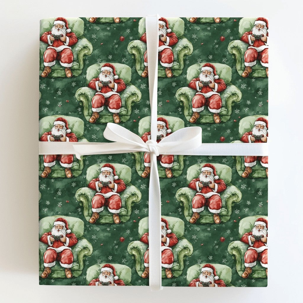 Video Game Christmas Gift Wrap, Gamer Santa Wrapping Paper, Humorous Gaming Santa Wrapping Paper, Tech Lover Holiday Paper Ro