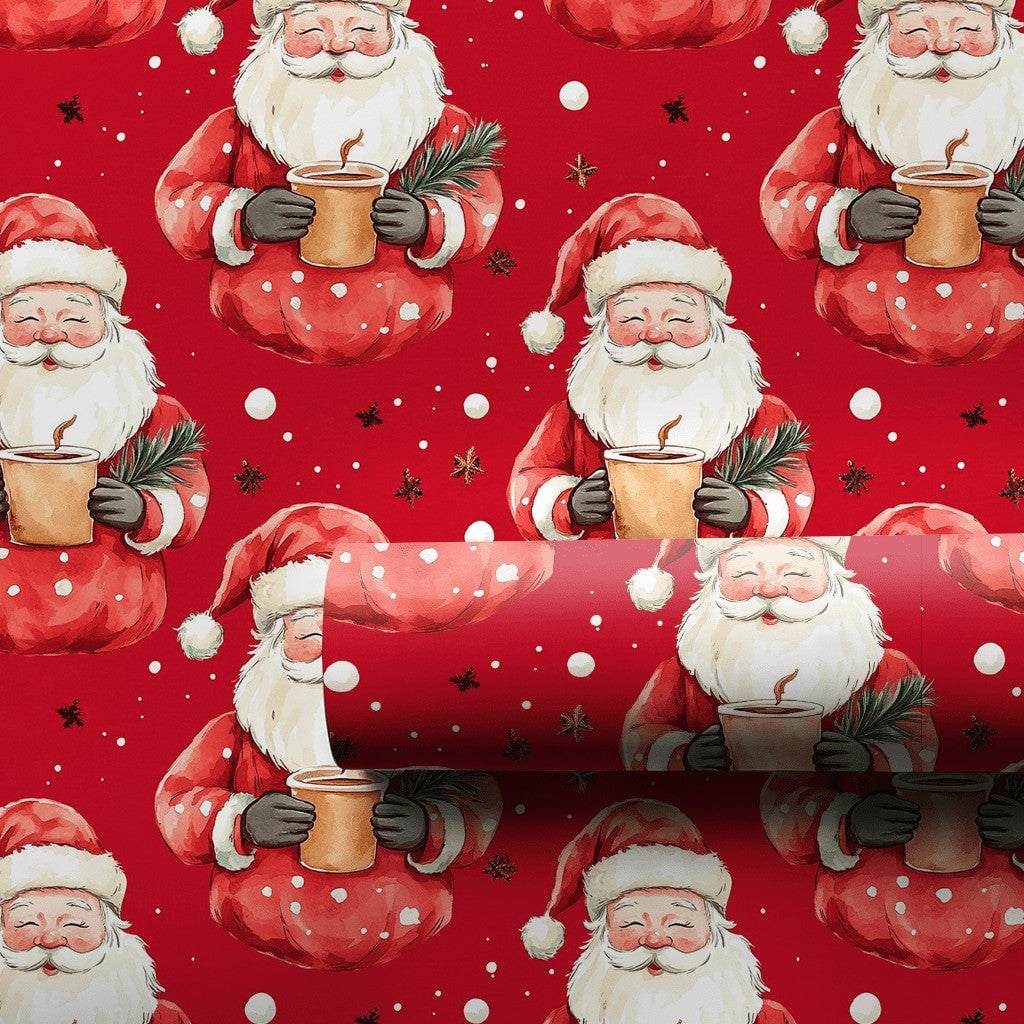Red Cocoa Santa Claus Gift Wrap, Adorable Santa Christmas Wrapping Paper, Snowflake Holiday Wrapping Paper, Retro Xmas Gift W