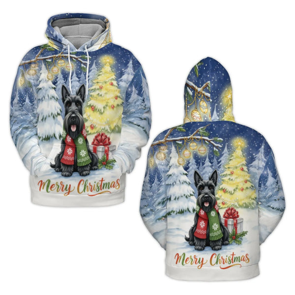 Scottie Dog Winter Scene Hooded Sweatshirt, Scottish Terrier Christmas Hoodie, Festive Xmas Canine Pullover, Pet Lover Holida