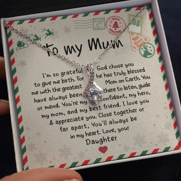 14k White Gold Finish Pendant, Cubic Zirconia Ribbon Necklace for Mum, Daughter to Mum Jewelry Present, Sentimental Christmas
