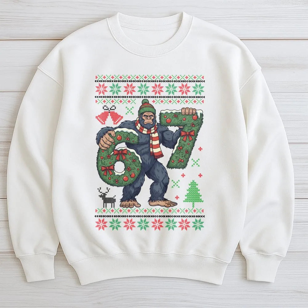 Humorous Sasquatch Christmas Sweatshirt, Bigfoot 67 Christmas Sweatshirt, Ugly Pattern Holiday Sweatshirt, Winter Sasquatch C
