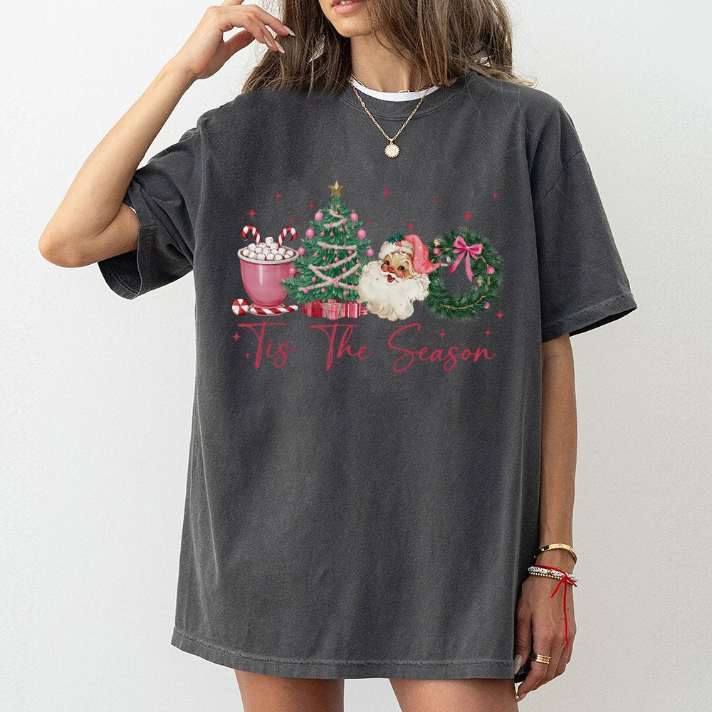 Vintage Santa and Tree T-Shirt, Tis the Season Christmas Shirt, Retro Holiday Graphic Tee, Festive Christmas Graphic Shirt Pr