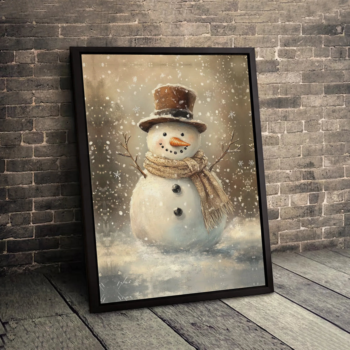 Winter Holiday Painting Canvas Print, Vintage Snowman Canvas Wall Art, Christmas Snowman with Top Hat Wall Decor, Rustic Holi