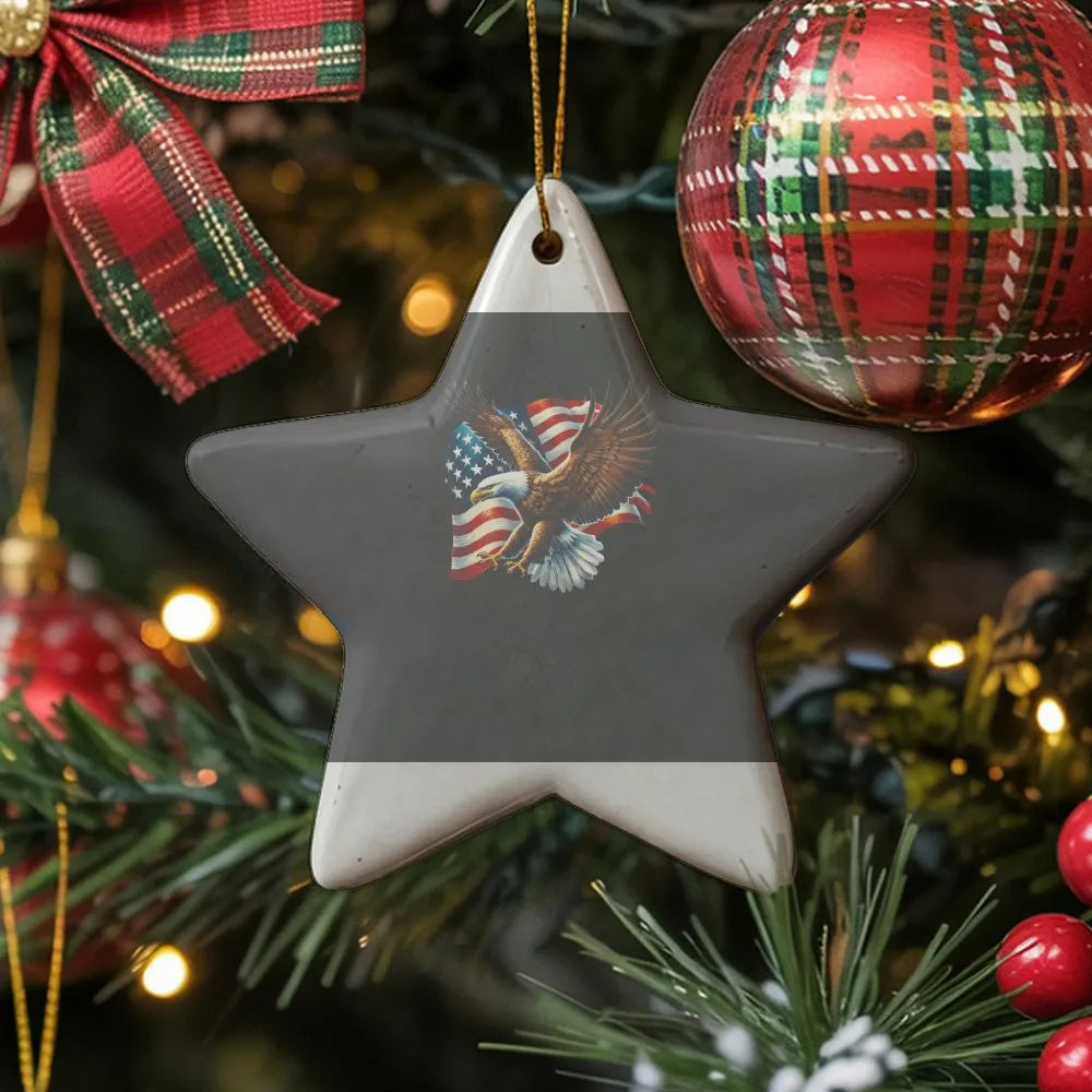 Patriotic Bald Eagle Xmas Ornament, American Flag Eagle Star Ceramic Ornament, US Flag Holiday Tree Ornament, Star Shaped Chr