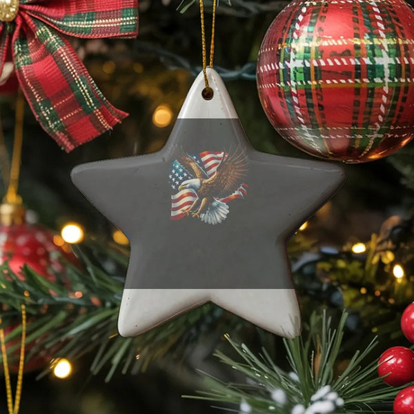 Patriotic Bald Eagle Xmas Ornament, American Flag Eagle Star Ceramic Ornament, US Flag Holiday Tree Ornament, Star Shaped Chr