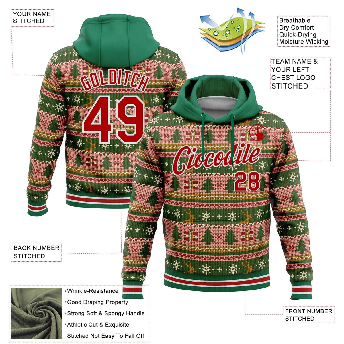 Personalized Name Number Sweatshirt, Custom Christmas Sports Hoodie, Ugly Sweater 3D Holiday Hoodie, Xmas Present for Fans