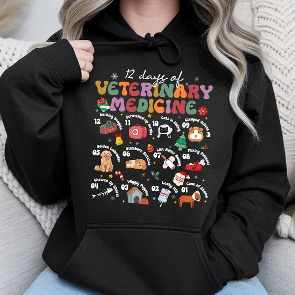 Humorous Vet Tech Christmas Sweatshirt, 12 Days of Veterinary Medicine Hoodie, Animal Doctor Hooded Pullover, Holiday Present