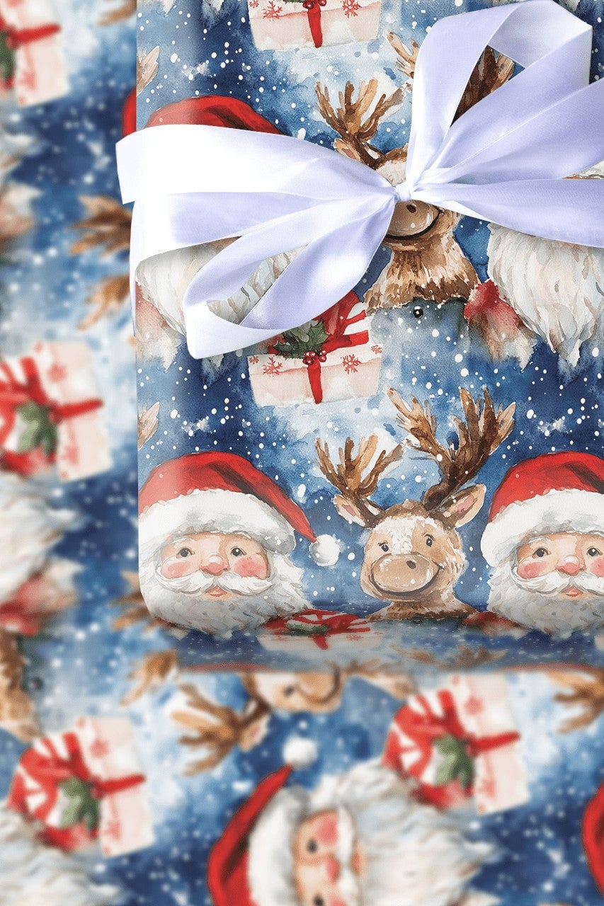 Festive Christmas Gift Wrap, Watercolor Santa and Reindeer Wrapping Paper, Holiday Present Paper, Xmas Gift Wrap Supplies