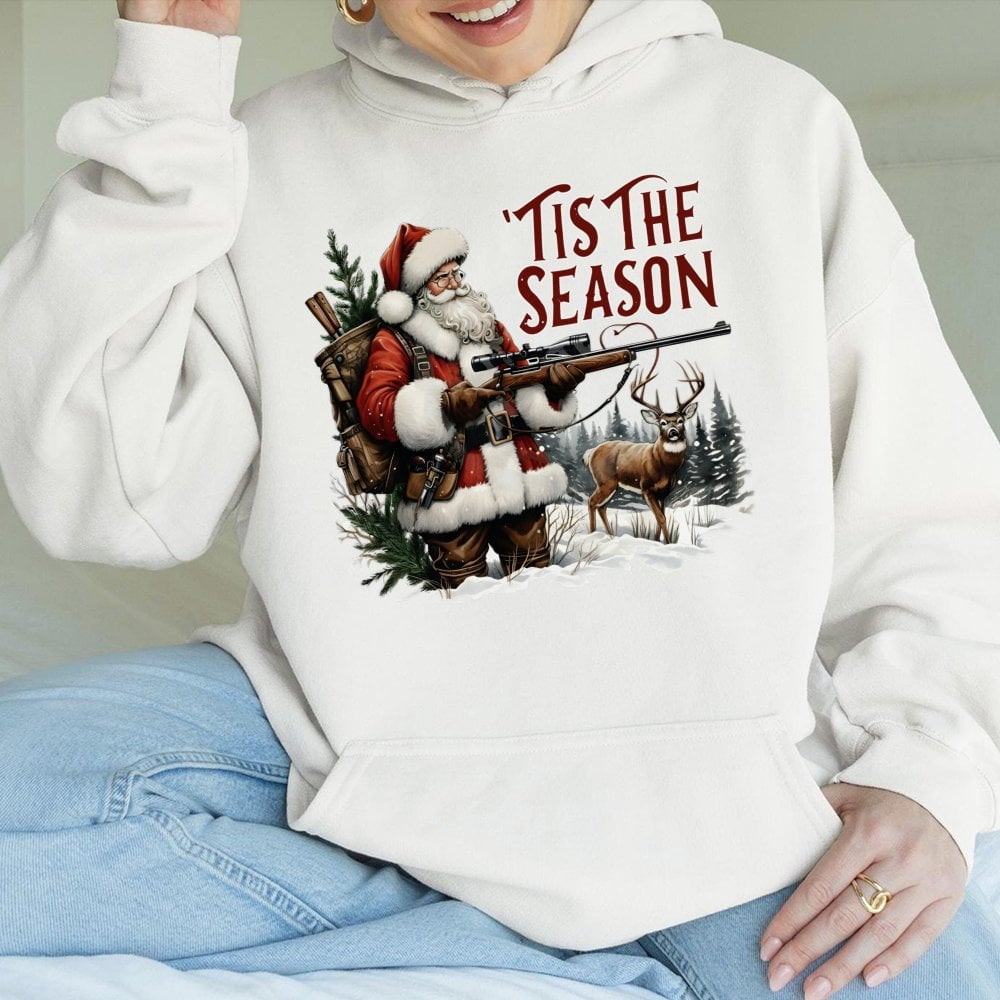 Humorous Deer Rifle Graphic Sweatshirt, Tis the Season Santa Hunting Hoodie, Retro Hunting Christmas Hooded Sweater, Hunter G