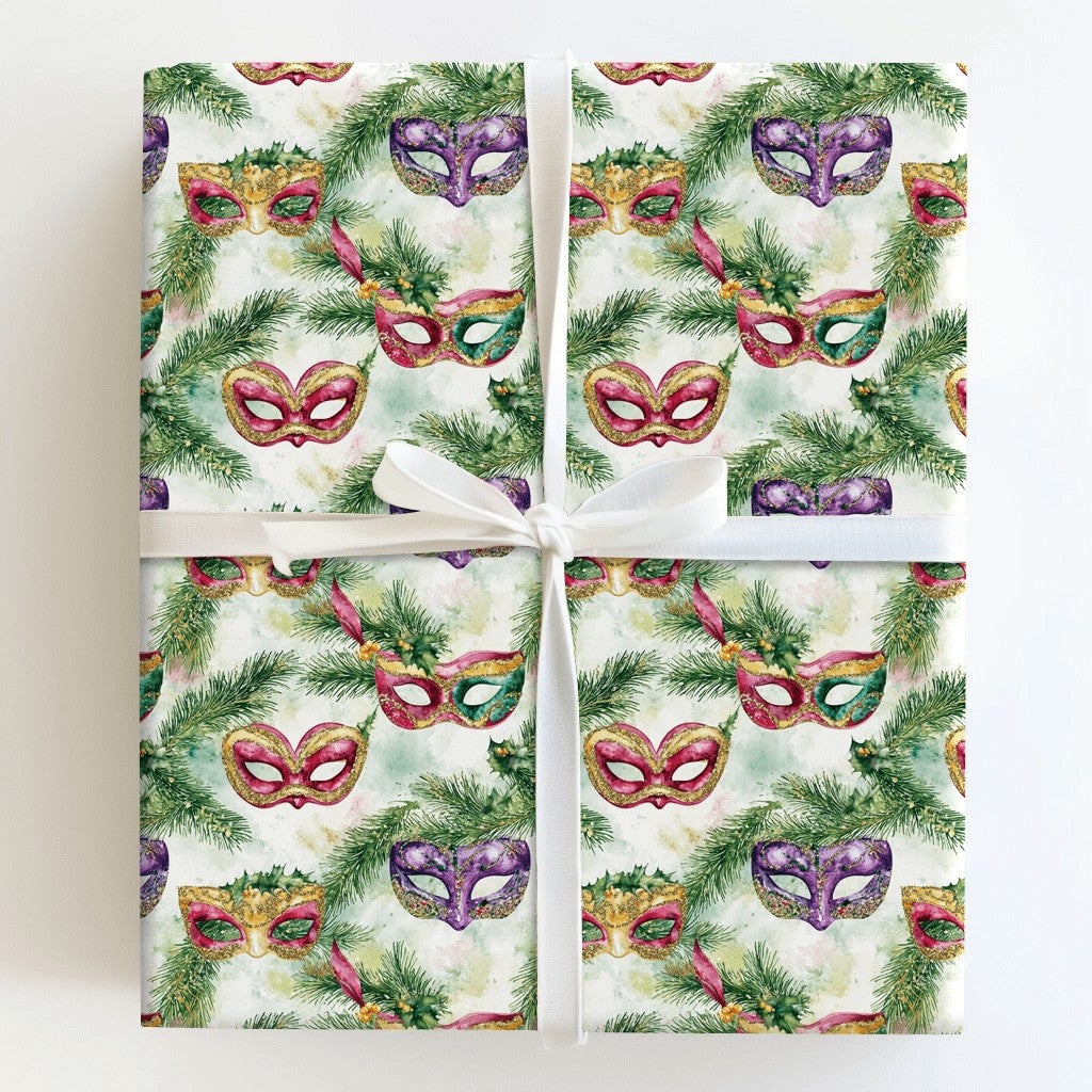 Venetian Mask Holiday Gift Wrap, Christmas Masquerade Wrapping Paper, Watercolor Festive Pine Gift Wrap, Winter Party Gift Wr