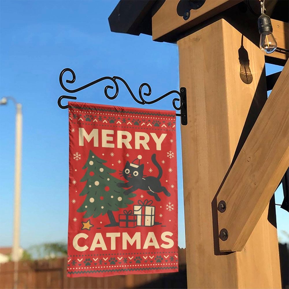 Humorous Black Cat Christmas Garden Flag, Merry Catmas Garden Flag, Holiday Kitten Garden Flag, Winter Xmas Yard Banner, Cat 