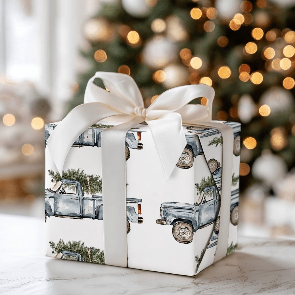 Farmhouse Tree Holiday Wrapping Paper, Vintage Blue Truck Christmas Wrapping Paper, Watercolor Rustic Xmas Gift Wrap, Winter 