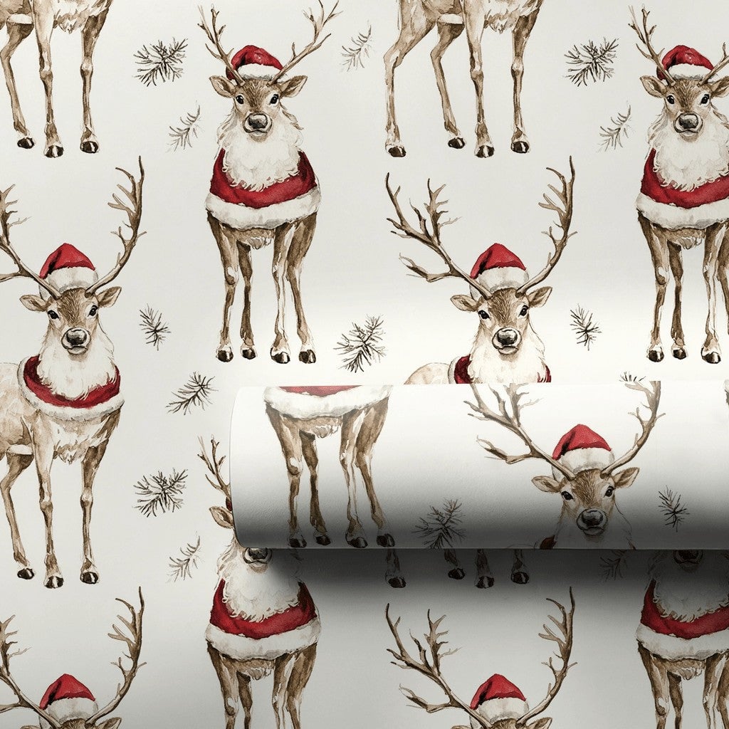 Santa Hat Reindeer Gift Wrap, Watercolor Reindeer Wrapping Paper, Festive Reindeer Christmas Paper Roll, Holiday Gift Wrappin
