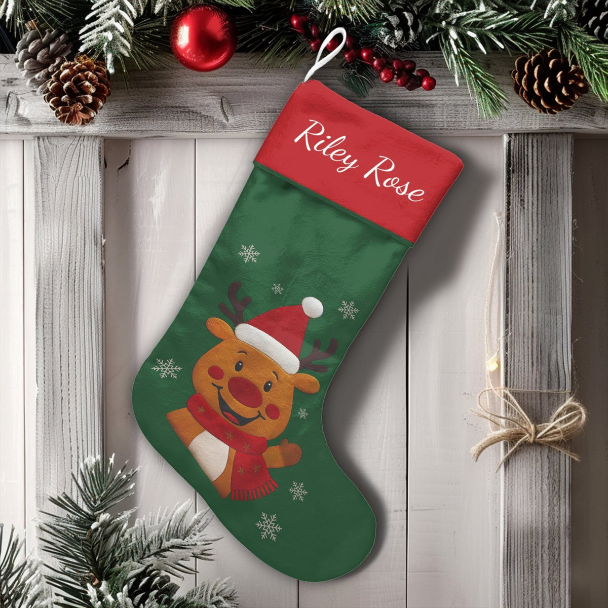 Snowflake Holiday Stocking, Adorable Reindeer Christmas Stocking, Personalized Christmas Stocking, Custom Name Stocking, Kids