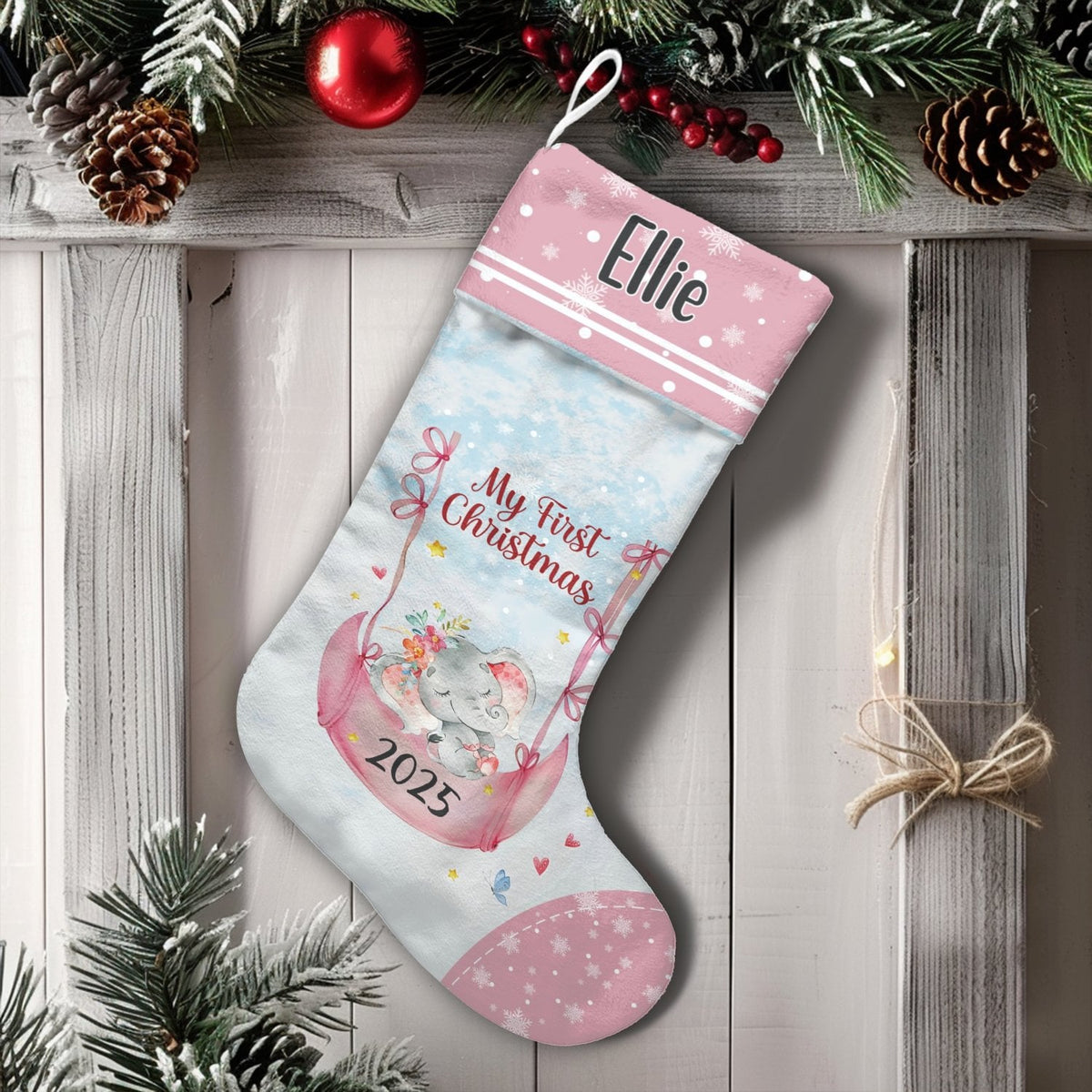 My First Christmas Stocking 2025, Personalized Baby Elephant Moon Christmas Stocking, Custom Baby Holiday Stocking, Nursery C