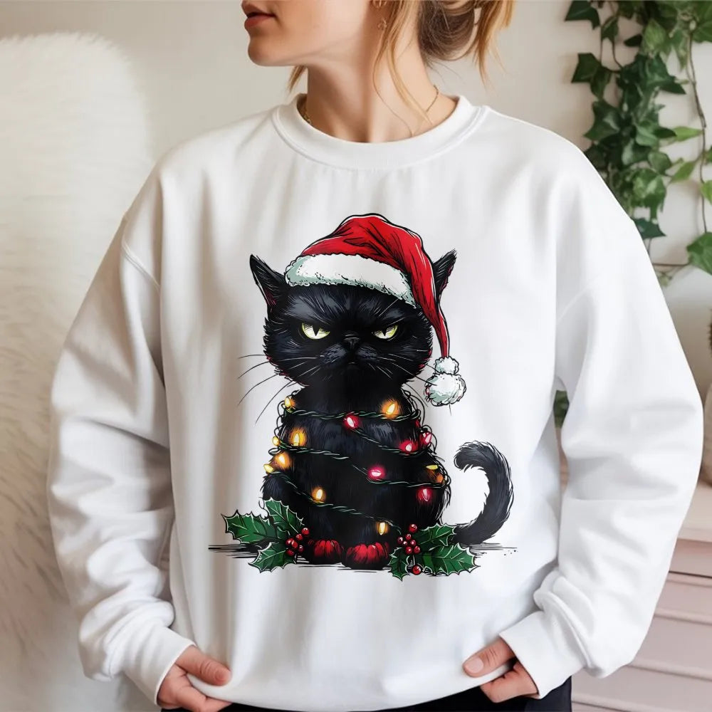 Tangled Lights Cat Sweater, Grumpy Black Cat Christmas Sweatshirt, Humorous Holiday Cat Crewneck, Spooky Adorable Xmas Sweats
