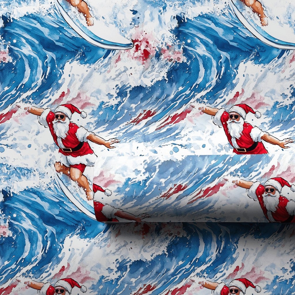 Watercolor Coastal Holiday Gift Wrap, Surfing Santa Christmas Wrapping Paper, Sunglasses Beach Santa Wrapping Paper, Ocean Lo