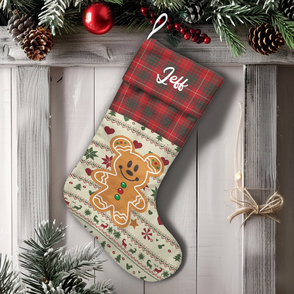Red Plaid Cuff Holiday Stocking, Personalized Gingerbread Bear Christmas Stocking, Velboa Custom Christmas Stocking, Comfy Fa