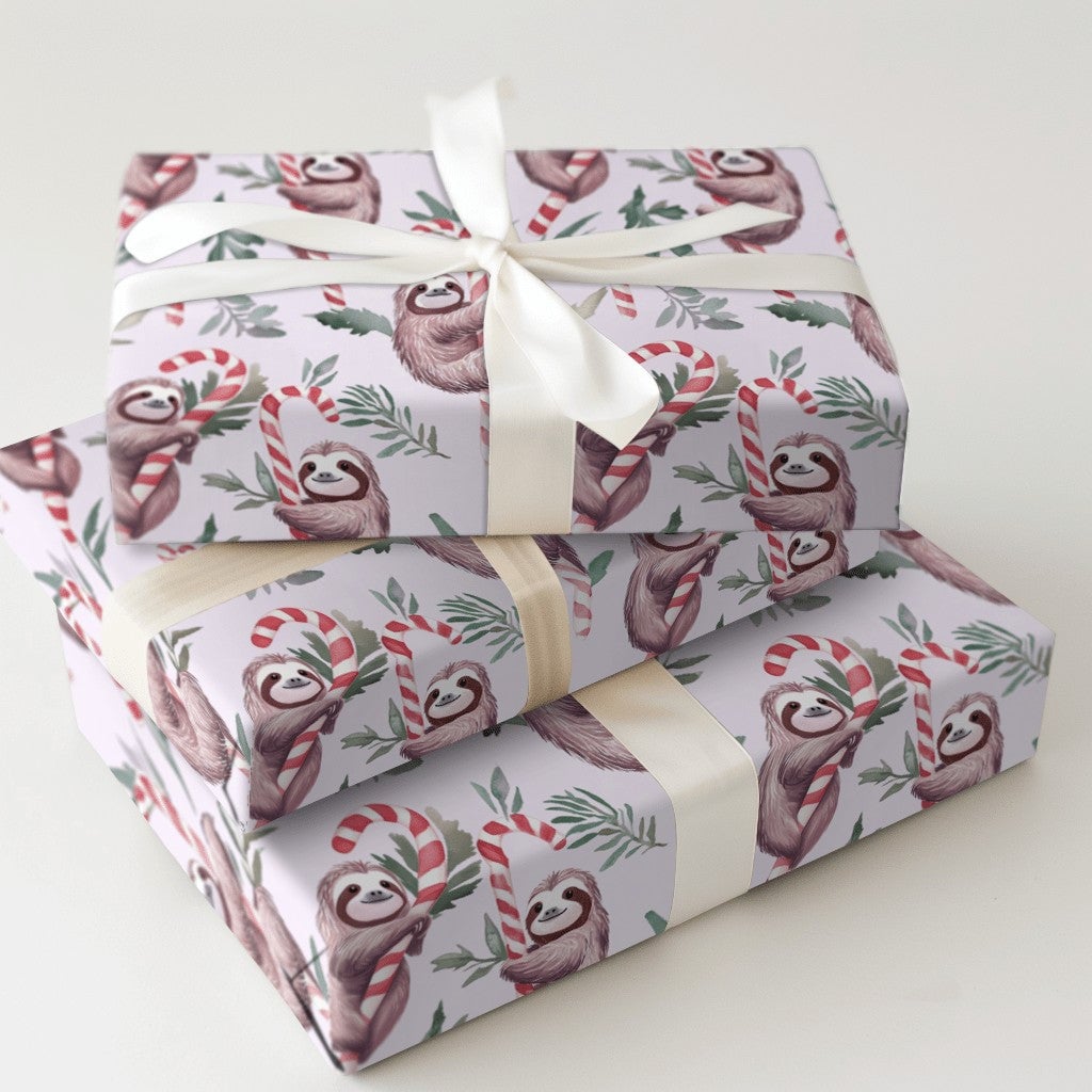 Candy Cane Sloth Gift Wrap, Christmas Sloth Wrapping Paper, Whimsical Holiday Wrapping Paper, Adorable Animal Christmas Gift 