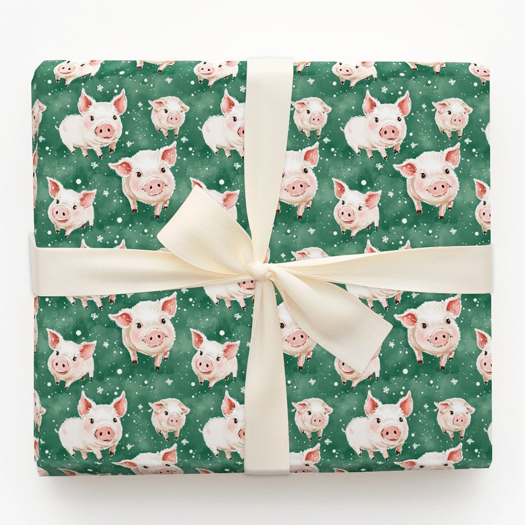 Adorable Watercolor Piglet Gift Wrap, Winter Pig Christmas Wrapping Paper, Dark Green Animal Wrapping Paper, Whimsical Holida