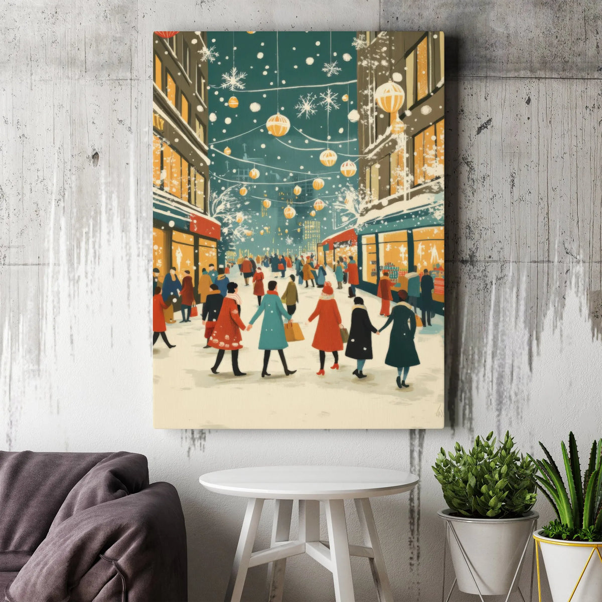 Winter City Street Canvas, Christmas Shopping Canvas Print, Snowy Holiday Street Wall Art, Festive Town Canvas, Holiday Home 