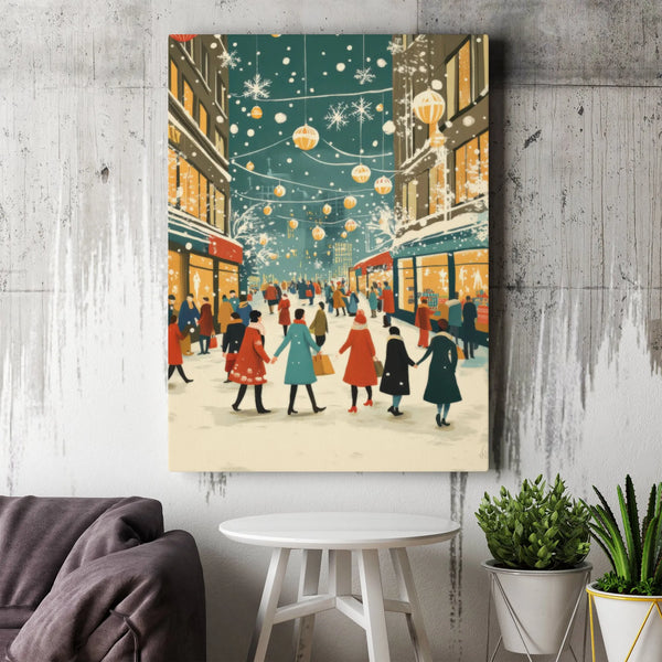 Winter City Street Canvas, Christmas Shopping Canvas Print, Snowy Holiday Street Wall Art, Festive Town Canvas, Holiday Home 