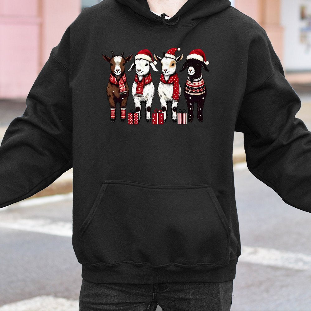 Adorable Farm Animal Holiday Sweatshirt, Humorous Christmas Goat Hoodie, Xmas Goat Hooded Sweater, Festive Winter Goat Pullov