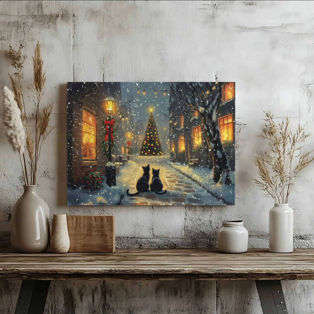 Snowy Village Holiday Street Canvas Wall Art, Black Cat Christmas Canvas Print, Winter Cat Landscape Canvas, Holiday Home Dec