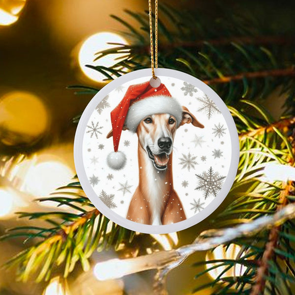 Festive Santa Hat Dog Ornament, Greyhound Christmas Ornament, Adorable Whippet Puppy Ceramic Ornament, Xmas Tree Decor, Prese